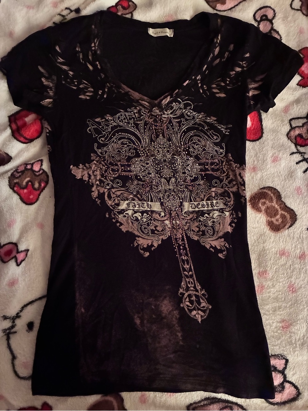 Studded Graphic V-Neck Tee - Black with Beige Print Y2K